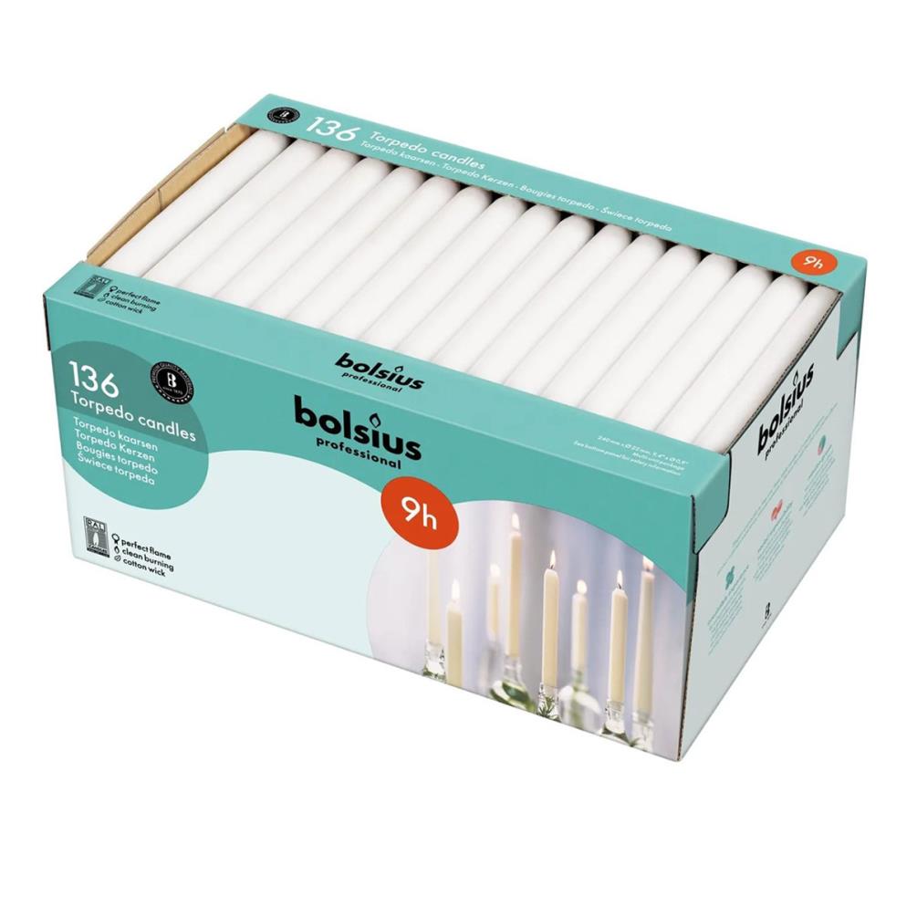 Bolsius White Torpedo Candles 24cm (Pack of 136) £89.99
